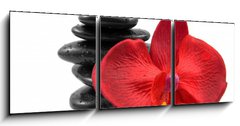 Obraz 3D tdln - 150 x 50 cm F_BM18007850 - Stacked black spa stones with silk orchid over white background