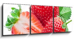 Obraz 3D tdln - 150 x 50 cm F_BM190279606 - Three strawberries with strawberry leaf on white background.