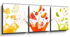 Obraz 3D tdln - 150 x 50 cm F_BM197062948 - mixed fruit falling into juices splashing on white background - smen ovoce spadajc do vy stkajc na blm pozad