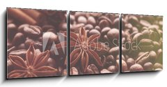 Obraz 3D tdln - 150 x 50 cm F_BM232714184 - Aromatic roasted coffee beans and anis or badian, sticks of natural cinnamon on  background close up