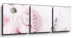 Obraz 3D třídílný - 150 x 50 cm F_BM235909172 - Beautiful, tender fresh blossoming aromatic pink Peony flowers and eucalyptus branches on the white background, top view, flat lay - Krásné, něžné čerstvé kvetoucí aromatické růžové květy pivoňky a eukalyptové větve na bílém pozadí, pohled shora, ploché rozložení