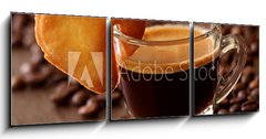 Obraz   Espresso coffee with cake on brown background, 150 x 50 cm