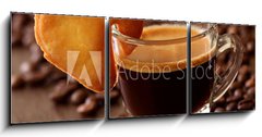 Obraz 3D třídílný - 150 x 50 cm F_BM25317575 - Espresso coffee with cake on brown background - Espresso káva s koláčem na hnědém pozadí