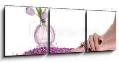 Obraz   Dark mancure, spa stones and lilac vase with tulips, 150 x 50 cm