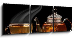 Obraz   Glass teapot and a cup of green tea on a black background, 150 x 50 cm