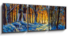 Obraz 3D tdln - 150 x 50 cm F_BM306486660 - Oil painting with acrylic watercolor. Winter forest. Sunny winter forest wood landscape illustration artwork nature.