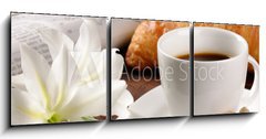 Obraz 3D tdln - 150 x 50 cm F_BM33687972 - Breakfast with newspaper, croissant and coffee - Sndan s novinami, croissanty a kvou