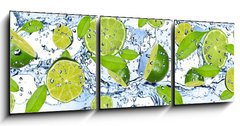 Obraz 3D tdln - 150 x 50 cm F_BM38602855 - Fresh limes in water splash,isolated on white background - erstv limes ve vod stkajc, izolovanch na blm pozad