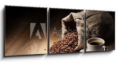 Obraz   Coffee cup with burlap sack of roasted beans on rustic table, 150 x 50 cm