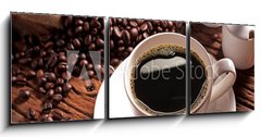 Obraz 3D tdln - 150 x 50 cm F_BM41409158 - Coffee cup with burlap sack of roasted beans