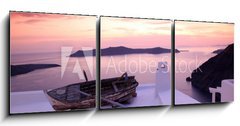 Obraz 3D tdln - 150 x 50 cm F_BM41448704 - Santorini with boat on white roof against sunset in Greece