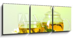 Obraz   tea with jasmine in cup and teapot on table on green background, 150 x 50 cm