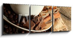 Obraz 3D tdln - 150 x 50 cm F_BM42677885 - cup of coffee and beans, cinnamon sticks and chocolate - lek kvy a fazol, skoice a okoldy