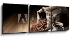 Obraz   Coffee cup with burlap sack of roasted beans on rustic table, 150 x 50 cm