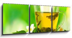 Obraz 3D tdln - 150 x 50 cm F_BM42891888 - cup of green tea with jasmine flowers - lek zelenho aje s jasmnovmi kvty