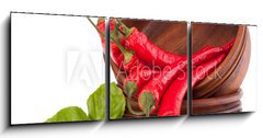 Obraz 3D tdln - 150 x 50 cm F_BM44639142 - Hot red chili or chilli pepper in wooden bowls stack