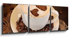 Obraz 3D tdln - 150 x 50 cm F_BM44905148 - Latte on wooden table on brown background - Latte na devnm stole na hndm pozad