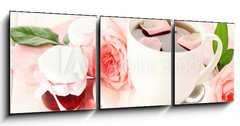 Obraz 3D tdln - 150 x 50 cm F_BM45499429 - cup of tea with roses and jam on white wooden table