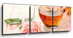 Obraz 3D tdln - 150 x 50 cm F_BM45691138 - teapot and cup of tea with roses on white wooden table