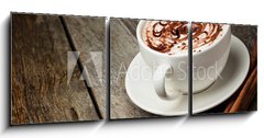 Obraz 3D tdln - 150 x 50 cm F_BM46093962 - coffee cup and beans, cinnamon sticks, nuts and chocolate on woo