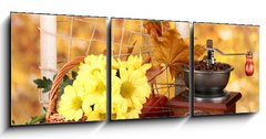 Obraz 3D tdln - 150 x 50 cm F_BM46892212 - autumnal composition:coffee grinder, flowers  and leaves