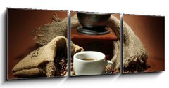 Obraz 3D třídílný - 150 x 50 cm F_BM47552401 - cup of coffee, grinder, turk and coffee beans - šálek kávy, mlýnky, tuk a kávová zrna