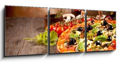 Obraz 3D tdln - 150 x 50 cm F_BM51836484 - Delicious fresh pizza served on wooden table - Chutn erstv pizza podvan na devnm stole