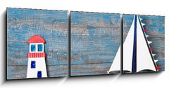 Obraz 3D tdln - 150 x 50 cm F_BM53456935 - Sommerlicher Hintergrund aus Holz in Blau mit Segelboot - Sommerlicher Hintergrund aus Holz v Blau mit Segelboot