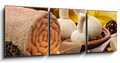 Obraz 3D třídílný - 150 x 50 cm F_BM55741777 - Massage background with rolled towel, spa balls and candlelight - Masážní pozadí s válcovaným ručníkem, lázněmi a světlem svíček