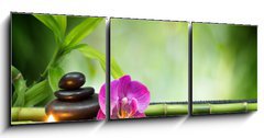 Obraz 3D třídílný - 150 x 50 cm F_BM55755054 - purple orchid, candle, with stones , bamboo on black mat - fialová orchidej, svíčka, kameny, bambus na černém podkladu