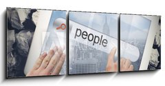 Obraz 3D třídílný - 150 x 50 cm F_BM62169179 - Hand touching people on search bar on tablet screen - Ruka se dotýká lidí na vyhledávacím panelu na obrazovce tabletu