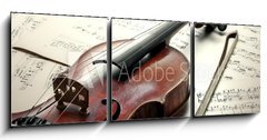 Obraz 3D tdln - 150 x 50 cm F_BM63221798 - Old scratched violin with sheet music. Vintage style. - Star pokrban housle s notami. Prastar styl.