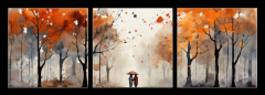 Obraz 3D třídílný - 150 x 50 cm F_BM639828122 - a figure with an umbrella in an autumn yellow park with trees on a white background watercolor paint drawing