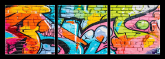 Obraz 3D třídílný - 150 x 50 cm F_BM715124495 - wall scratched with colorful graffiti and drawings. colorful graffiti brick wall urban visual