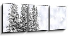 Obraz 3D třídílný - 150 x 50 cm F_BM73206614 - Snowy trees with twinkling silver background and snowflakes - Zasněžené stromy s blikajícím stříbrným pozadím a sněhové vločky