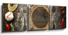 Obraz 3D tdln - 150 x 50 cm F_BM73223520 - Spices on table with cutlery silhouette, close-up
