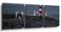 Obraz   Lighthouse with shining light in darkness and dark blue clouds a, 150 x 50 cm