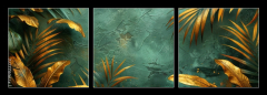Obraz 3D třídílný - 150 x 50 cm F_BM790822272 - An elegant gold decoration art wallpaper. Modern art with nature. Golden leaves, plants and bamboo of curvature of the line, green background.