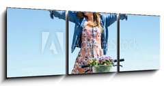 Obraz 3D tdln - 150 x 50 cm F_BM81062127 - Beautiful young woman with a vintage bike in the field. - Krsn mlad ena s vintage kolo v poli.