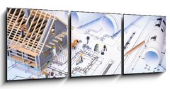 Obraz 3D třídílný - 150 x 50 cm F_BM81873311 - house under construction on blueprints - building project - dům ve výstavbě na plánech