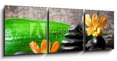 Obraz 3D třídílný - 150 x 50 cm F_BM91180765 - spa concept zen stones and orchid,wood background - lázně koncepce zen kameny a orchidej, dřevo pozadí