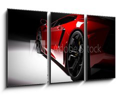 Obraz   Red fast sports car in spotlight, black background. Shiny, new, luxurious., 90 x 50 cm