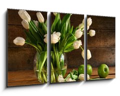 Obraz   White tulips in glass vase on rustic wood, 90 x 50 cm