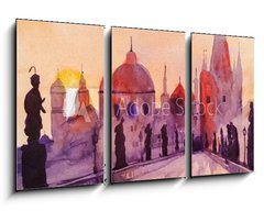 Obraz 3D tdln - 90 x 50 cm F_BS120336963 - Prague Charles Bridge at sunset, watercolor painting, the last rays of the setting sun, statues and lilac, red and purple tones - Prask Karlv most pi zpadu slunce, akvarel, posledn paprsky zapadajcho slunce, sochy a ek, erven a fialov tny