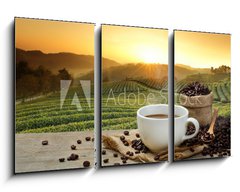 Obraz   Hot Coffee cup with Coffee beans on the wooden table and the pla, 90 x 50 cm