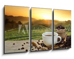 Obraz 3D tdln - 90 x 50 cm F_BS125680313 - Hot Coffee cup with Coffee beans on the wooden table and the pla