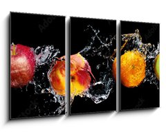 Obraz 3D tdln - 90 x 50 cm F_BS148249825 - Set of fresh fruits in water splash isolated on black background