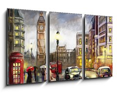 Obraz 3D tdln - 90 x 50 cm F_BS167015010 - oil painting on canvas, street view of london. Artwork. Big ben. couple and red umbrella, bus and road, telephone. Black car