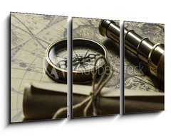 Obraz   Retro compass with old map and spyglass, 90 x 50 cm