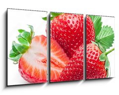 Obraz 3D tdln - 90 x 50 cm F_BS190279606 - Three strawberries with strawberry leaf on white background.